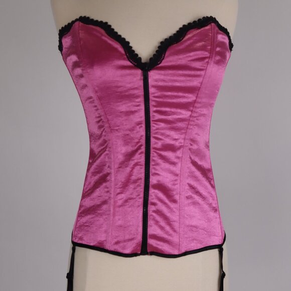 ❄ Frederick's of Hollywood Shiny Metallic Satin Pink Corset Bustier Garters Bra - Picture 1 of 6